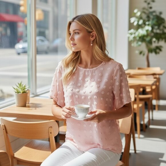 Blooming Lily Blush Pink Swiss Dot Sheer Blouse Medium Feminine Textured Top - Picture 2 of 8